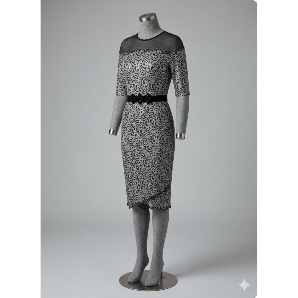 Silver Lace Sequin Sheath Dress Black Mesh Yoke Beaded Waist Cocktail Event